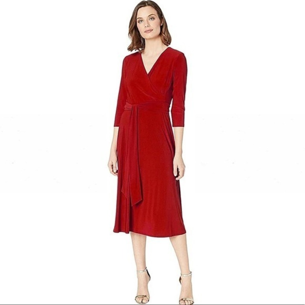 Laundry by Shelli Segal MIDI Asymmetrical Red Faux Wrap Dress 4 Petite